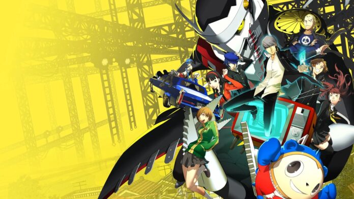 ภาพโปรโมตเกม Persona 4 Golden แสดงตัวละครหลักพร้อม Persona และฉากหลังสีเหลือง