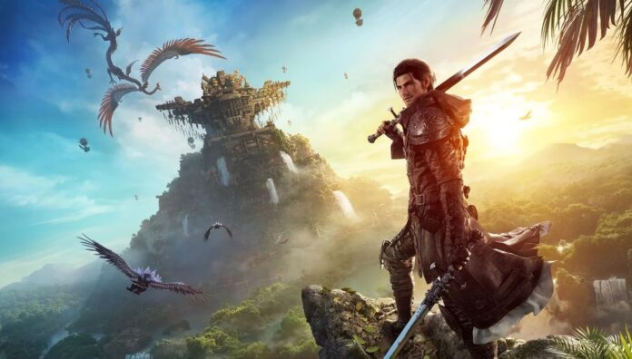 ภาพโปรโมตของส่วนเสริม Dawntrail จากเกม Final Fantasy XIV แสดงตัวละครนักรบถือดาบยืนอยู่บนหน้าผา
