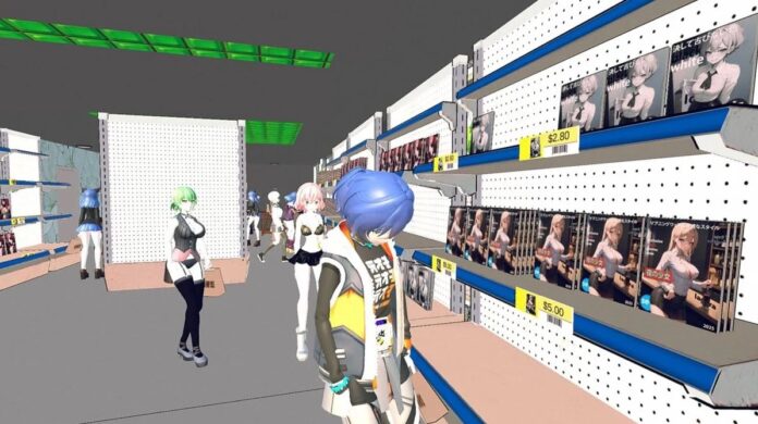 ภาพภายในเกม Hentai Supermarket Simulator แสดงตัวละครหญิงสไตล์อนิเมะยืนอยู่ภายในร้านค้าสมมติ