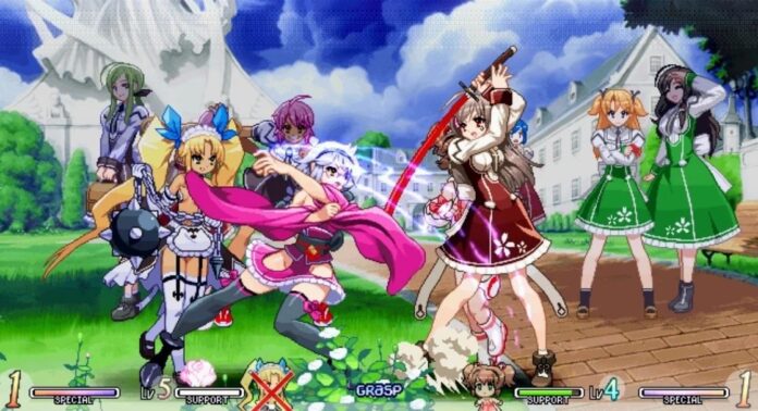 ภาพจากเกม Vanguard Princess เกมไฟท์ติ้ง 2D สไตล์อนิเมะที่มีตัวละครหญิงหลายคนต่อสู้กันในฉากพื้นหลังแบบโรงเรียนญี่ปุ่น