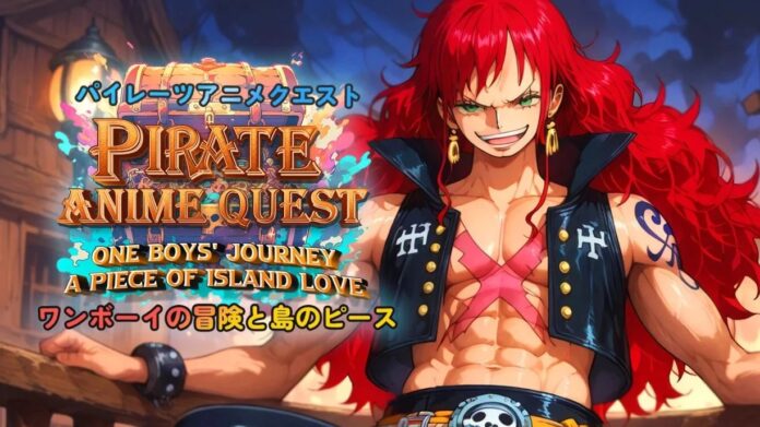 หน้าปกเกม Pirate Anime Quest: One Boys’ Journey, A Piece of Island Love แสดงภาพตัวละครชายผมแดงยาวแต่งกายคล้ายโจรสลัดในลักษณะลอกเลียนสไตล์จาก One Piece
