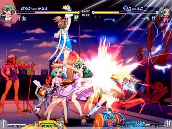 ฉากต่อสู้ในเกม Vanguard Princess ระหว่างตัวละครหญิงสองคน และฉากหลังที่เต็มไปด้วยตัวละครหญิงในชุดว่ายน้ำ