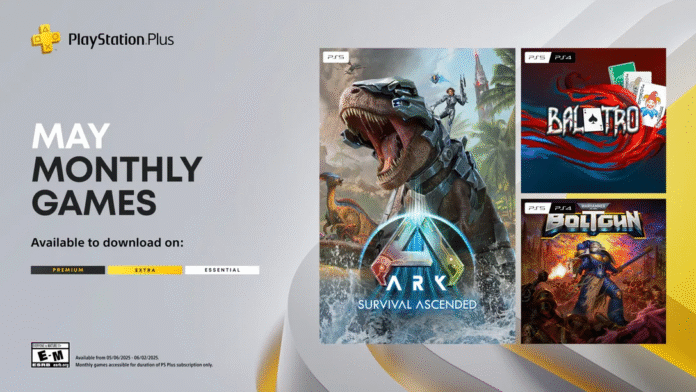 ภาพโปรโมตเกมฟรี PlayStation Plus ประจำเดือนพฤษภาคม 2025 ได้แก่ Ark: Survival Ascended, Balatro และ Warhammer 40,000: Boltgun