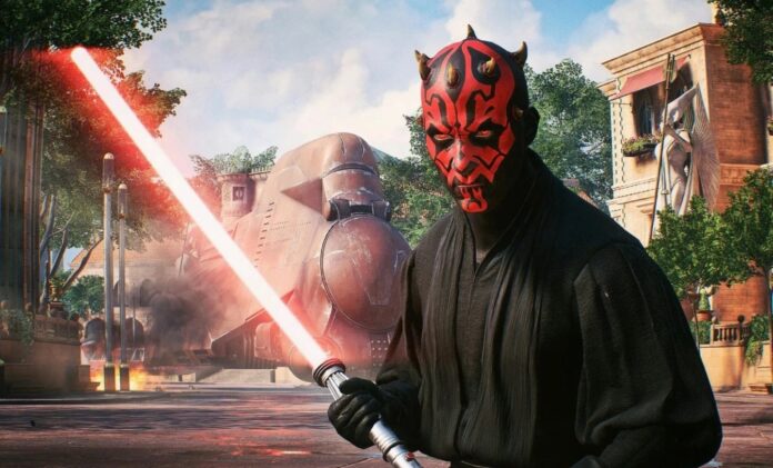 ภาพจากเกม Star Wars Battlefront 2 แสดงตัวละคร Darth Maul ถือดาบไลท์เซเบอร์สีแดงอยู่ท่ามกลางฉากหลังของเมือง Naboo