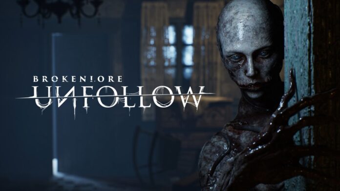 ภาพโปรโมตเกม BrokenLore: UNFOLLOW แสดงให้เห็นตัวละครประหลาดหน้าตาน่ากลัวโผล่ออกมาจากหลังเสาในห้องที่มืดสลัว พร้อมโลโก้เกมที่มีดีไซน์หลอนชวนสะพรึงอยู่ด้านซ้ายของภาพ