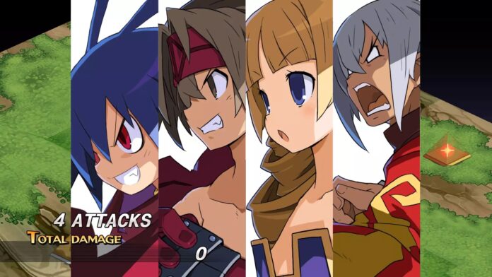 ภาพจากเกม Disgaea แสดงตัวละคร 4 คนในจังหวะโจมตีแบบคอมโบ