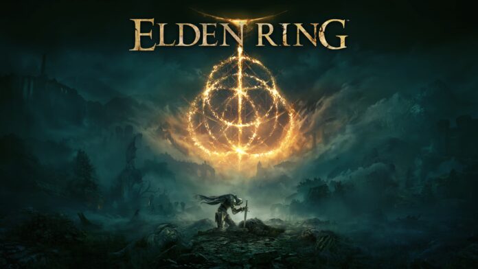 ภาพโปรโมตเกม Elden Ring แสดงโลโก้ Elden Ring พร้อมฉากนักรบคุกเข่ากุมดาบกลางซากสนามรบ