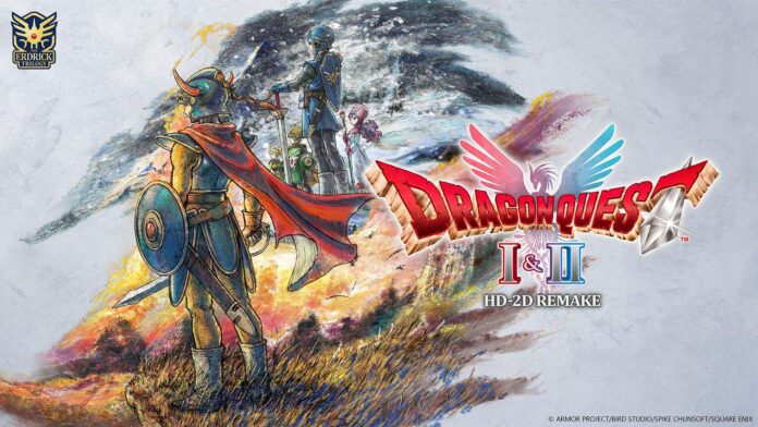 ภาพโปรโมตเกม Dragon Quest I & II HD-2D Remake แสดงตัวละครนักรบพร้อมโล่และดาบยืนหันหลังอยู่บนหน้าผา