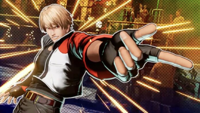 ภาพตัวละคร Rock Howard จากเกม Fatal Fury: City of the Wolves โพสท่าแห่งชัยชนะ