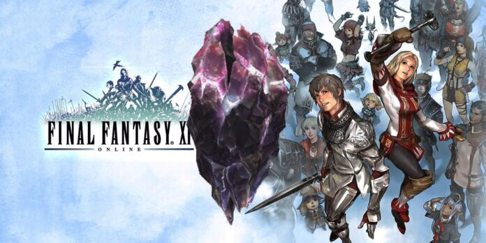 ภาพโปรโมต Final Fantasy XI Online เกม MMORPG ระดับตำนานจาก Square Enix พร้อมตัวละครหลักและคริสตัลกลางภาพ
