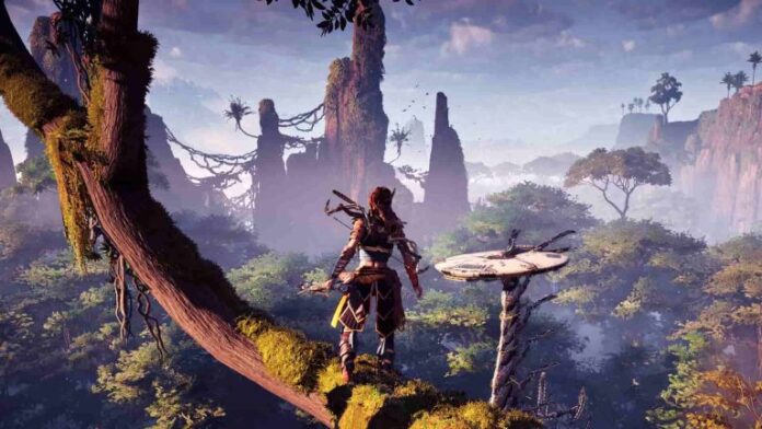 ภาพตัวละครเอลอย เกม Horizon Zero Dawn ยืนมองวิวที่รกร้าง