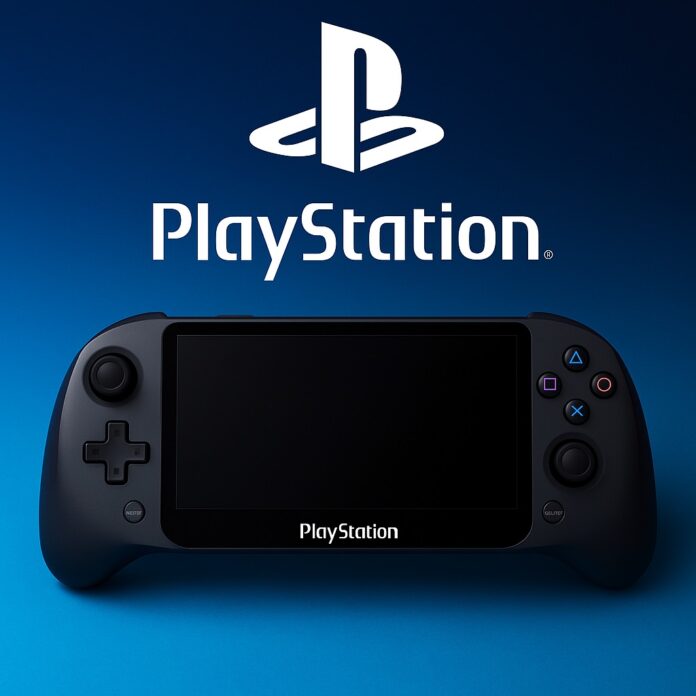 ภาพโลโก้ PlayStation พร้อมภาพเครื่องเกมพกพาดีไซน์อนาคต