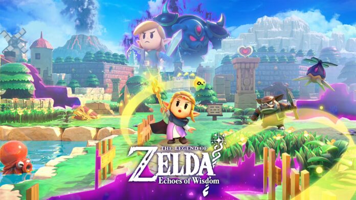 ภาพโปสเตอร์เกม The Legend of Zelda Echoes of Wisdom โดยมีเจ้าหญิง Zelda ยืนถือคฑาอยู่ด้านหน้า