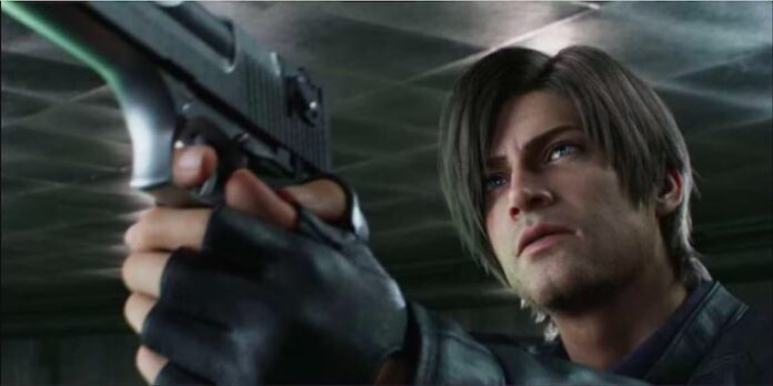 ภาพตัวละคร Leon S. Kennedy จากซีรีส์ Resident Evil กำลังเล็งปืนด้วยสีหน้าจริงจัง ในบรรยากาศที่ดูมืดและตึงเครียด