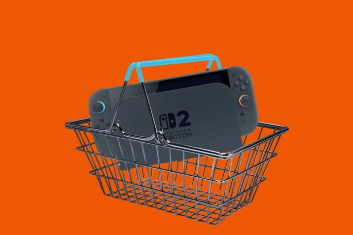 ภาพเครื่อง Nintendo Switch 2 อยู่ในรถเข็นสินค้า พร้อมฉากหลังสีส้ม