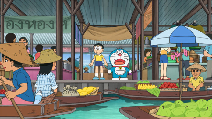 ภาพโดราเอมอนกับโนบิตะ มาเที่ยวตลาดน้ำในประเทศไทย