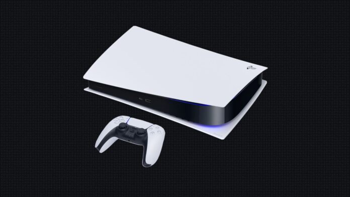 ภาพตัวเครื่องและจอยของ PlayStation 5 บนพื้นหลังสีดำ