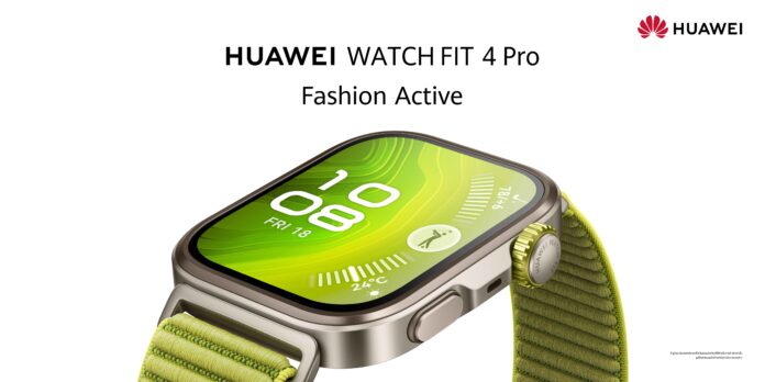 ภาพสมาร์ตวอตช์ HUAWEI WATCH FIT 4 Pro สีเขียวดีไซน์ใหม่ในสายแบบ Fashion Active แสดงหน้าจอแบบโค้งพร้อมอินเทอร์เฟซบอกเวลา วัน และอุณหภูมิ