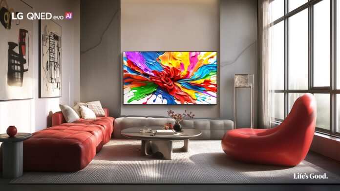 ทีวี LG QNED evo AI แสดงภาพสีสันสดใสบนผนังในห้องนั่งเล่นสไตล์โมเดิร์น