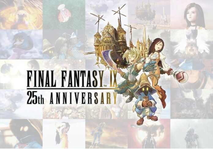 ภาพโปรโมต Final Fantasy IX ฉลองครบรอบ 25 ปี แสดงตัวละครหลักอย่าง Zidane, Garnet และ Vivi พร้อมภาพฉากต่าง ๆ จากเกมอยู่ในพื้นหลัง