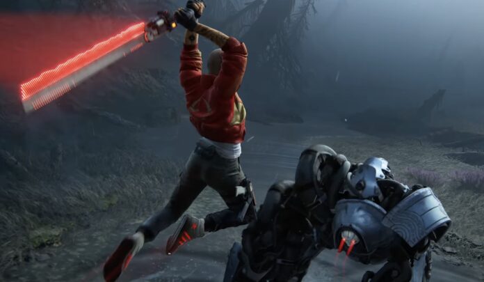 ฉากต่อสู้ในเกม Intergalactic: The Heretic Prophet ตัวละครหลักถือดาบพลังงานสีแดงกำลังโจมตีศัตรูหุ่นยนต์ในบรรยากาศมืดหม่นกลางป่า