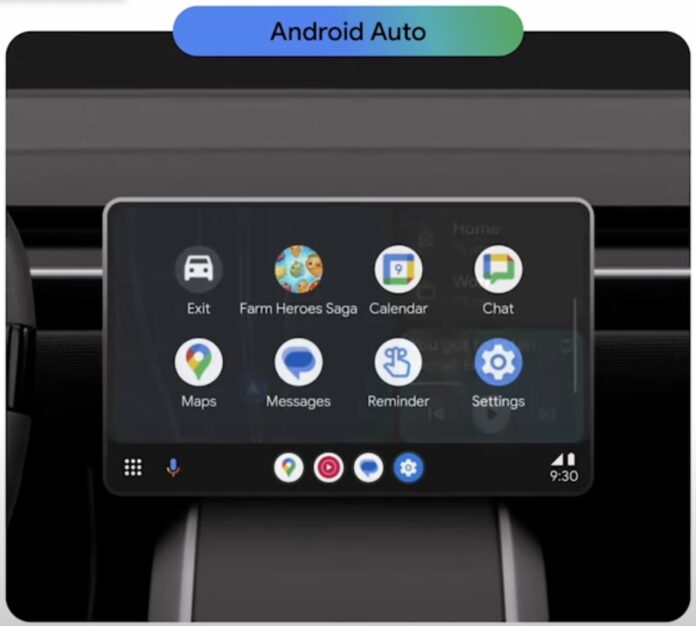 หน้าจอ Android Auto แสดงแอปพลิเคชันต่าง ๆ ภายในรถยนต์ บนหน้าจอสัมผัสตรงกลางคอนโซลหน้า