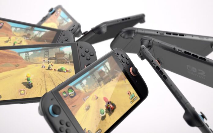 เครื่องเล่นเกม Nintendo Switch 2 หลายเครื่องแสดงภาพเกม Mario Kart บนหน้าจอในมุมมองต่าง ๆ ของตัวเครื่อง