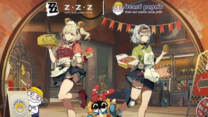 ภาพโปรโมตแคมเปญ Zenless Zone Zero x Beard Papa แสดงตัวละคร Anby และ Burnice ถือครีมพัฟหลากสี พร้อมโลโก้เกมและร้าน Beard Papa