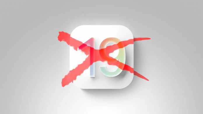 โลโก้ iOS 19 ที่มีเครื่องหมายกากบาทสีแดงพาดทับ สื่อถึงการยกเลิกหรือข้ามเวอร์ชัน iOS 19