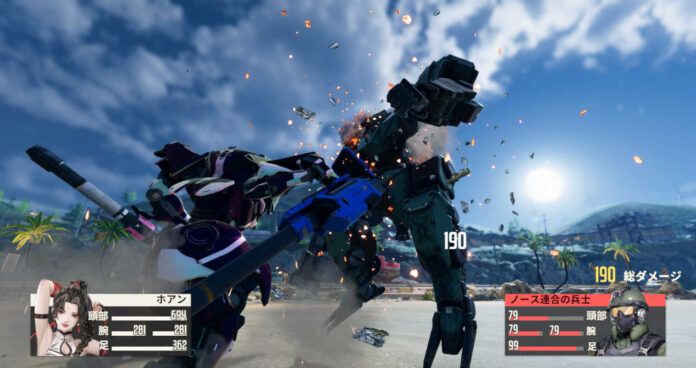 ภาพจากเกม Mecharashi (Metal Storm) โชว์ฉากต่อสู้ระหว่างหุ่นยนต์สองตัวกลางสนามรบริมทะเล