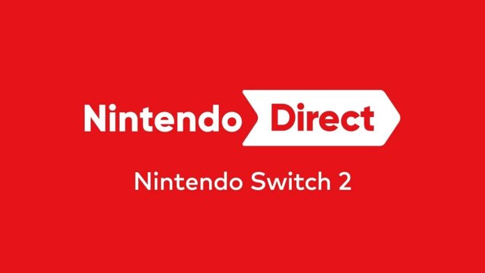 ภาพโปรโมต Nintendo Direct บนพื้นหลังสีแดง มีโลโก้คำว่า “Nintendo Direct” อยู่ตรงกลาง และข้อความ “Nintendo Switch 2” ใต้โลโก้
