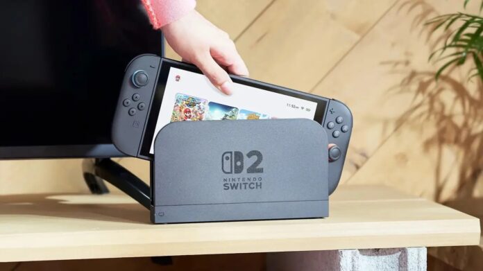 ภาพตัวเครื่อง Nintendo Switch 2 ที่กำลังถูกนำมาวางบน Dock