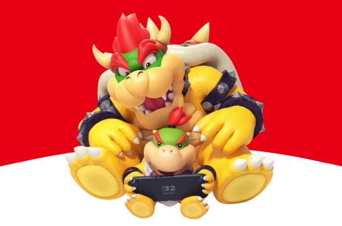 ภาพ Bowser และ Bowser Jr. จากซีรีส์ Mario นั่งเล่น Nintendo Switch 2 ด้วยกัน