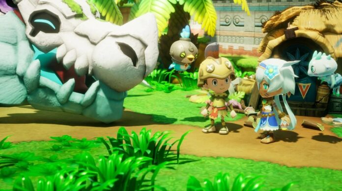 ตัวละครจากเกม Fantasy Life i ยืนคุยกันหน้ากะโหลกมังกรในหมู่บ้านเขตร้อน