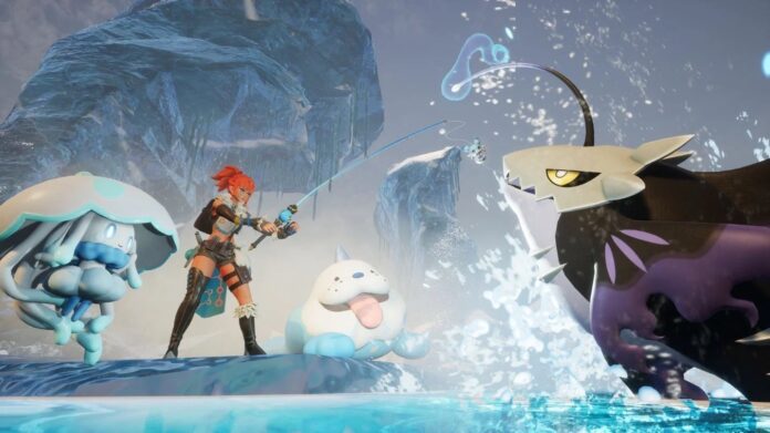 ฉากตกปลาจากเกม Palworld โดยตัวละครหญิงกำลังดึงเบ็ดพร้อมเหล่า Pal รอบตัว ท่ามกลางฉากภูเขาน้ำแข็งและบรรยากาศฤดูหนาว