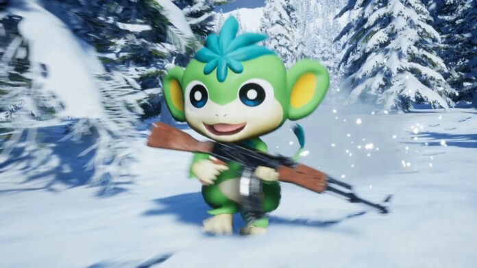 ภาพตัวละคร Pal จากเกม Palworld ถืออาวุธท่ามกลางฉากหิมะ
