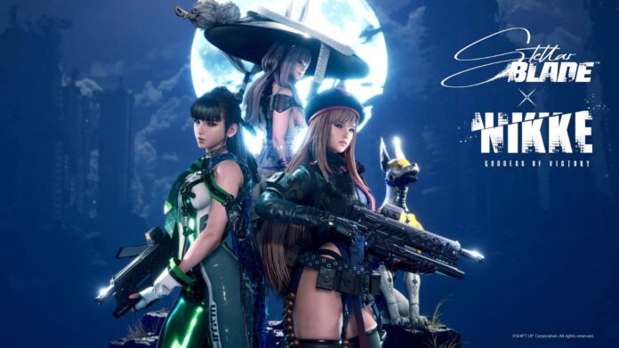 ภาพโปรโมตเกม Stellar Blade ร่วมมือกับ Goddess of Victory: NIKKE แสดงตัวละครหญิงสามคนในชุดรบสุดล้ำ