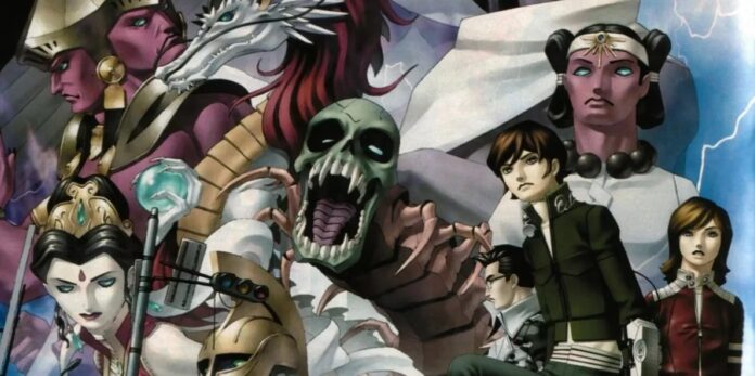 ภาพโปรโมตเกม Shin Megami Tensei III: Nocturne แสดงตัวละครหลักและปีศาจในสไตล์อาร์ตเวิร์กที่เป็นเอกลักษณ์ของซีรีส์