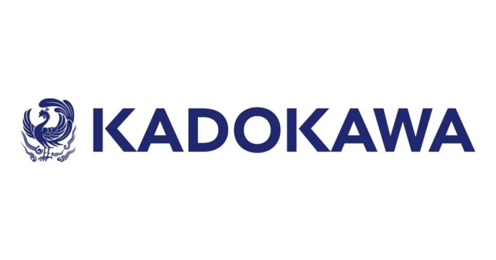 ภาพโลโก้ของบริษัท Kadokawa ตัวหนังสือสีน้ำเงินพื้นหลังสีขาว