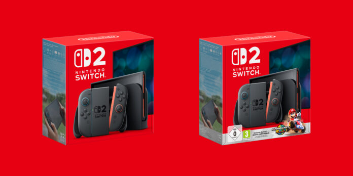 รูปกล่อง Nintendo Switch 2 บนพื้นหลังสีแดง