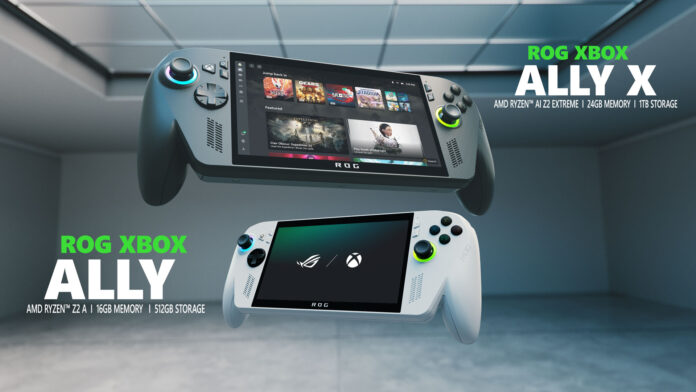 ภาพโปรโมตเครื่องเกมพกพา ROG Xbox Ally และ Ally X รุ่นสีขาวและสีดำ พร้อมแสดงหน้าจออินเทอร์เฟซ Xbox
