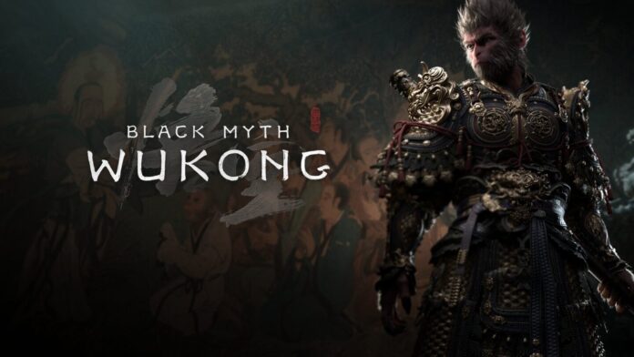 ภาพโปรโมตเกม Black Myth: Wukong แสดงตัวละครในชุดเกราะจีนโบราณสีเข้มประดับลายทองอย่างวิจิตร