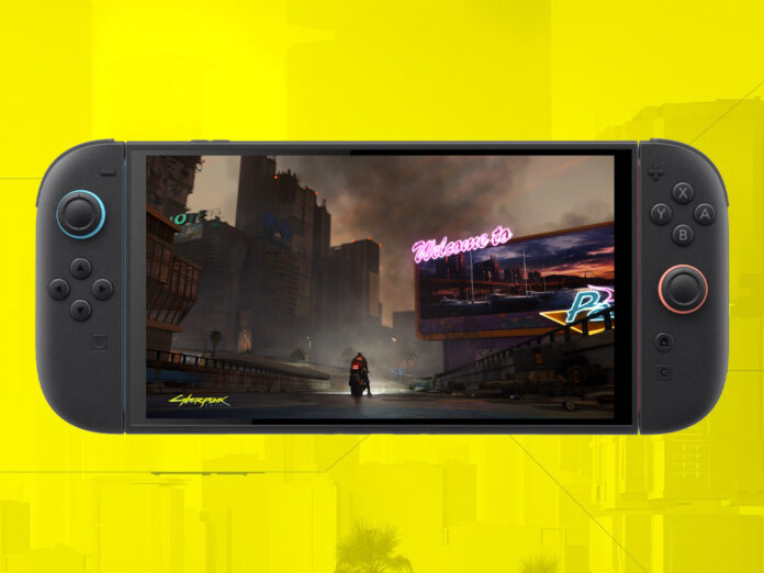 ภาพจำลองเกม Cyberpunk 2077 ขณะรันอยู่บนเครื่อง Nintendo Switch 2 โดยมีพื้นหลังสีเหลือง