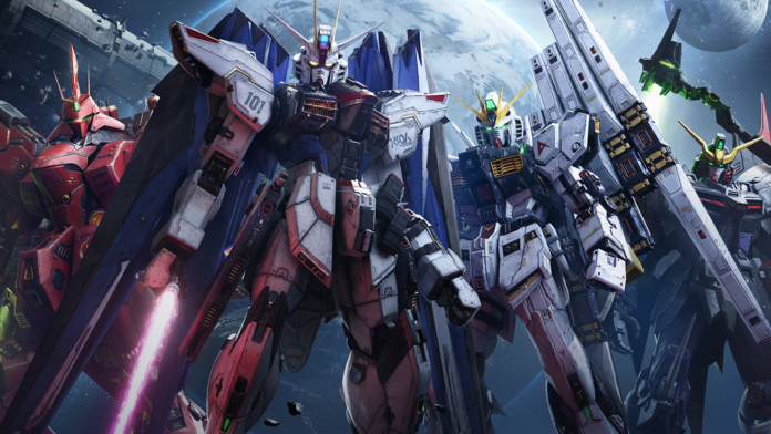 ภาพโปรโมตการร่วมมือระหว่าง Call of Duty: Mobile และ Gundam แสดงหุ่นยนต์กันดั้ม 4 ตัวในท่าทางพร้อมรบ ท่ามกลางฉากอวกาศ ได้แก่ Freedom Gundam, Nu Gundam, Sazabi และ Gundam Deathscythe Hell