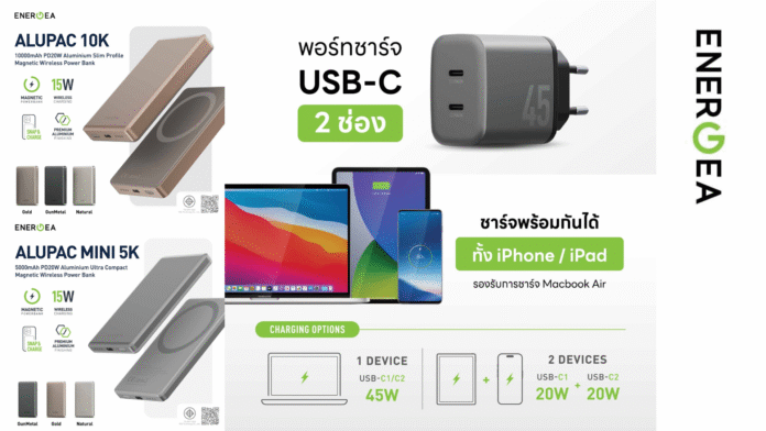 ภาพโปรโมต แบตสำรองไร้สาย AluPac 10K, Mini 5K และหัวชาร์จเร็ว Ampcharge GaN45 จากแบรนด์ Energea