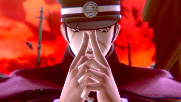 Raidou Kuzunoha จ้องมองตรงพร้อมท่าประสานนิ้ว ท่ามกลางฉากหลังสีแดงในเกม RAIDOU Remastered