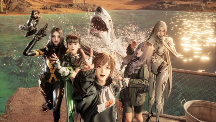 กลุ่มตัวละครหญิงจากเกม Stellar Blade โพสต์ถ่ายรูปริมท่าเรือ ขณะที่ฉลามกระโดดพุ่งขึ้นจากผิวน้ำด้านหลังในฉากทะเลทรายช่วงเย็น