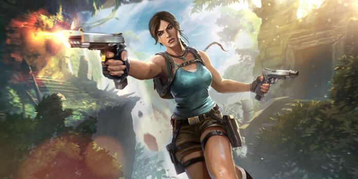 ภาพแนวแอนิเมชัน Lara Croft ถือปืนคู่ในฉากป่าลึกจากเกม Tomb Raider