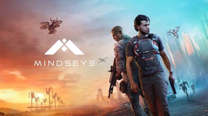ภาพโปรโมตเกม MindsEye แสดงตัวละครสองคนท่ามกลางฉากเมืองล้ำยุคและทะเลทราย