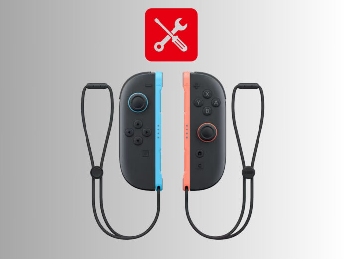 จอยคอนซ้ายสีฟ้าและขวาสีแดงของ Nintendo Switch 2 วางเรียงคู่กัน พร้อมสายคล้องข้อมือ